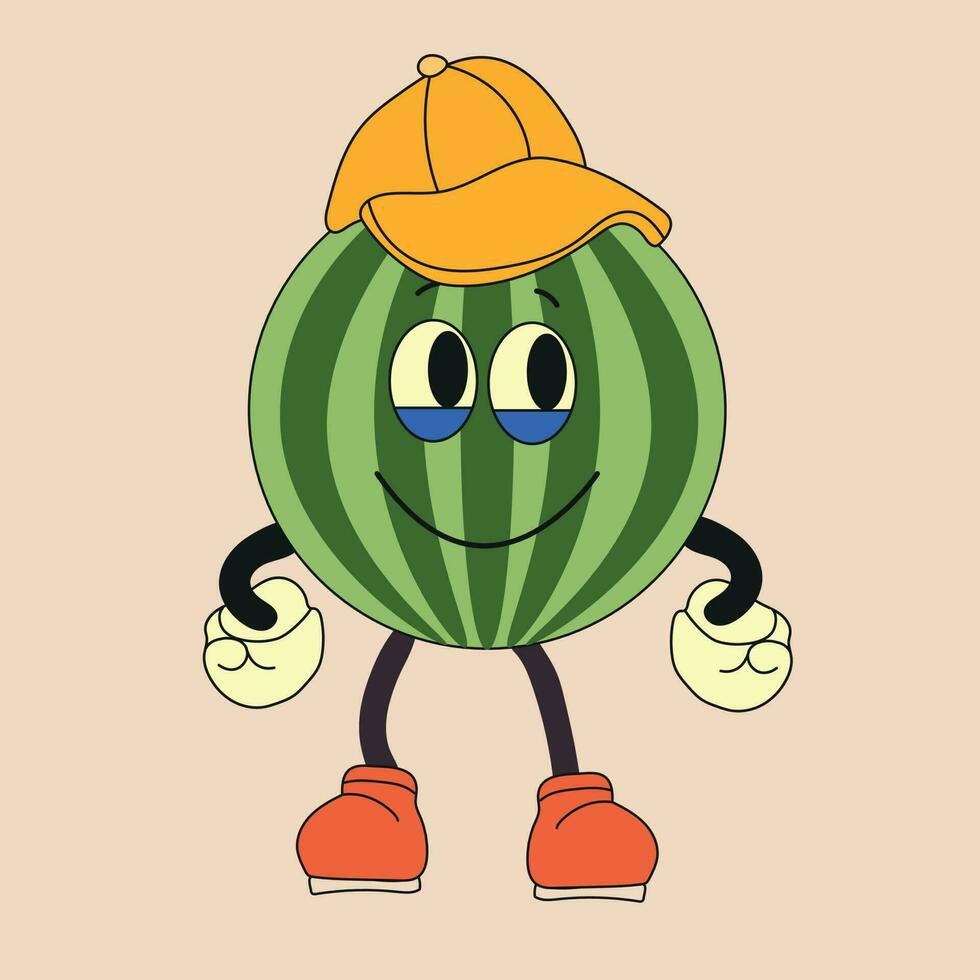 süß Wassermelone im ein Deckel. Karikatur Charakter isoliert auf Sand Hintergrund Vektor Illustration. komisch und freundlich Wassermelone Emoji mit Waffen und Beine. glücklich lächeln, Karikatur Essen, Emoticon.