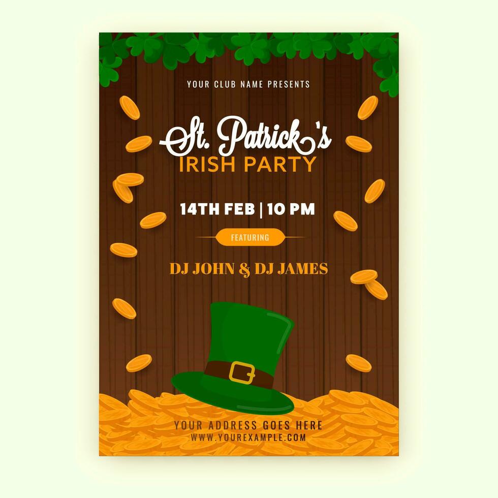 st. Patrick's irisch Party Flyer Design mit Kobold Hut, golden Münzen und Kleeblatt Blätter auf braun hölzern Hintergrund. vektor