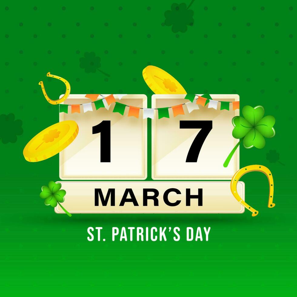 17 Mars text med tricolor flaggväv flaggor, gyllene mynt, hästsko och klöver löv på grön bakgrund för st. Patricks dag begrepp. vektor