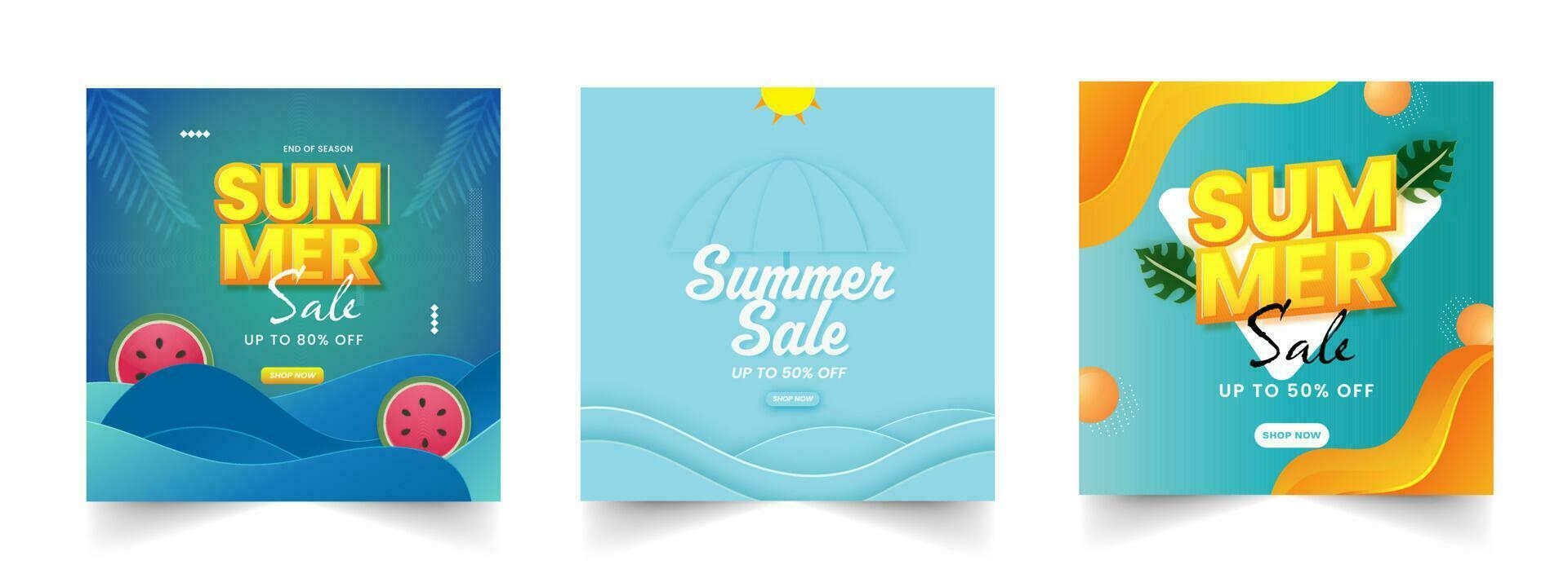 Sommer- Verkauf Poster oder Vorlage Design mit Rabatt Angebot im drei Optionen. vektor