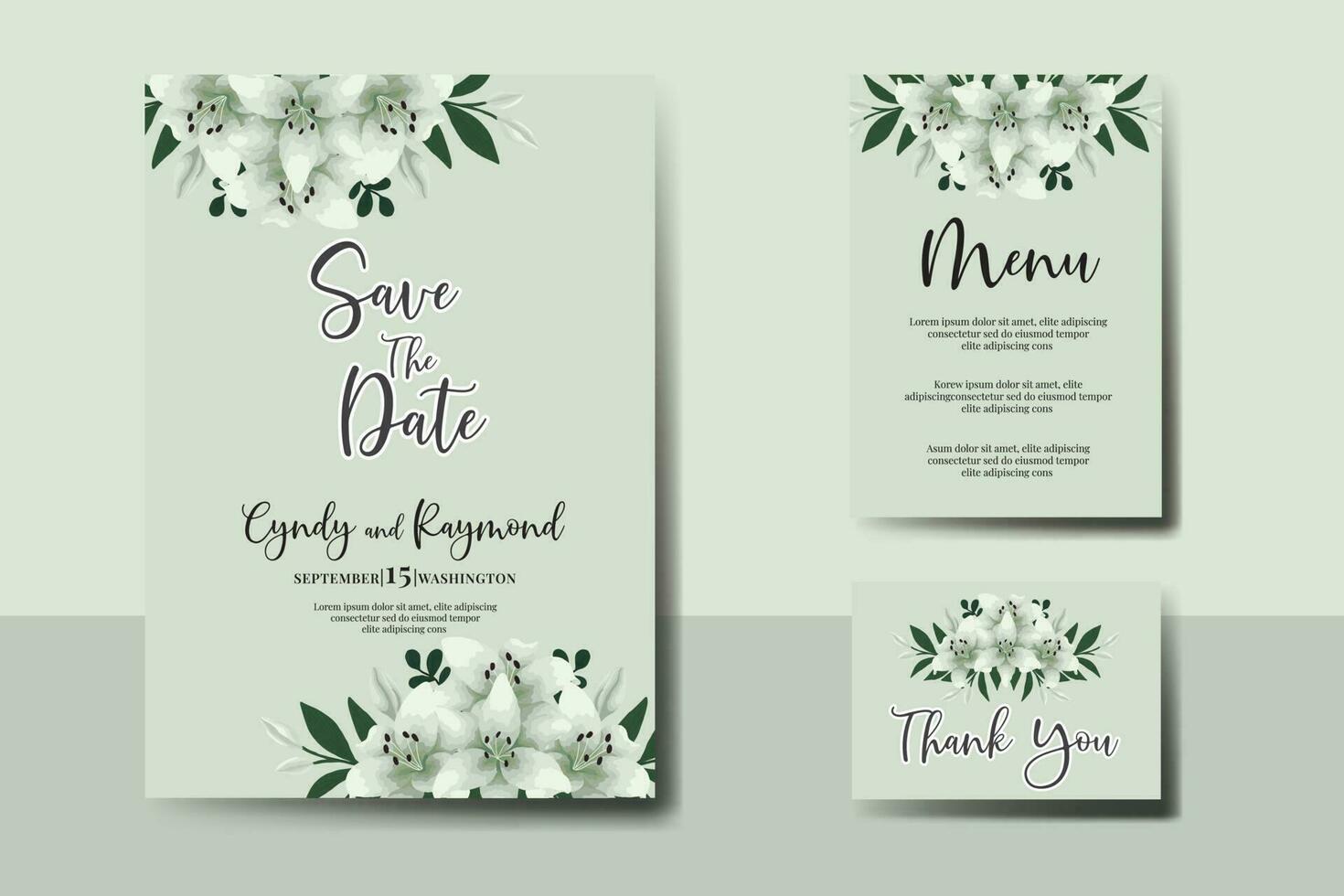 Hochzeit Einladung Rahmen Satz, Blumen- Aquarell Digital Hand gezeichnet Weiß Lilie Blume Design Einladung Karte Vorlage vektor