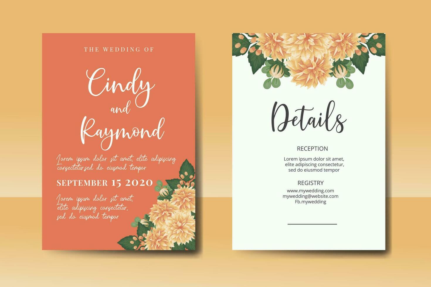 bröllop inbjudan ram uppsättning, blommig vattenfärg digital hand dragen orange dahlia blomma design inbjudan kort mall vektor