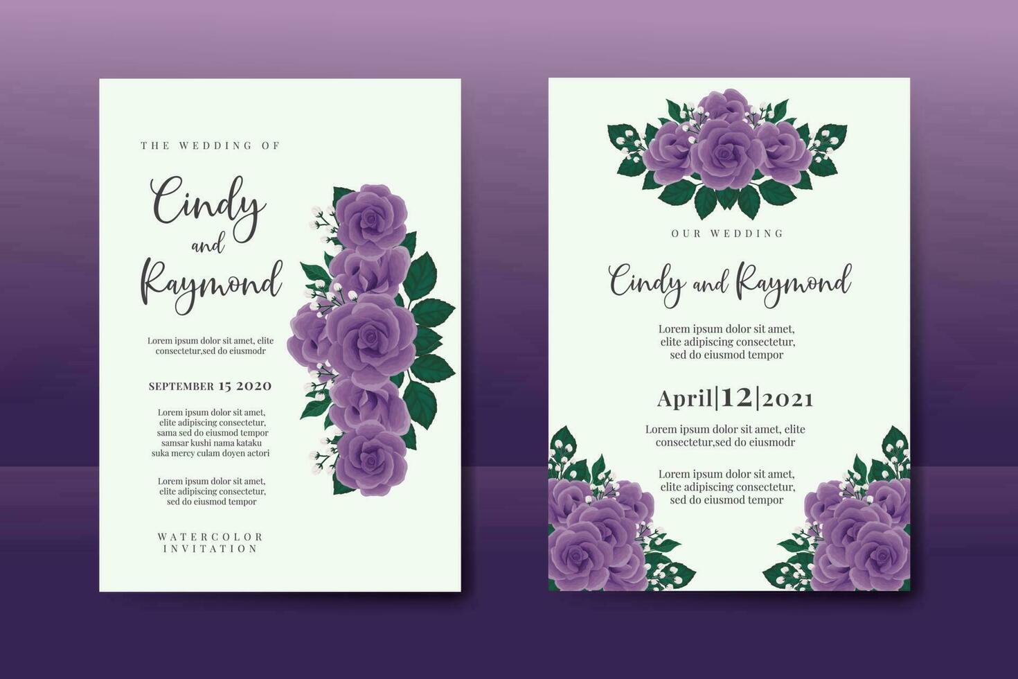 Hochzeit Einladung Rahmen Satz, Blumen- Aquarell Digital Hand gezeichnet lila Rose Blume Design Einladung Karte Vorlage vektor