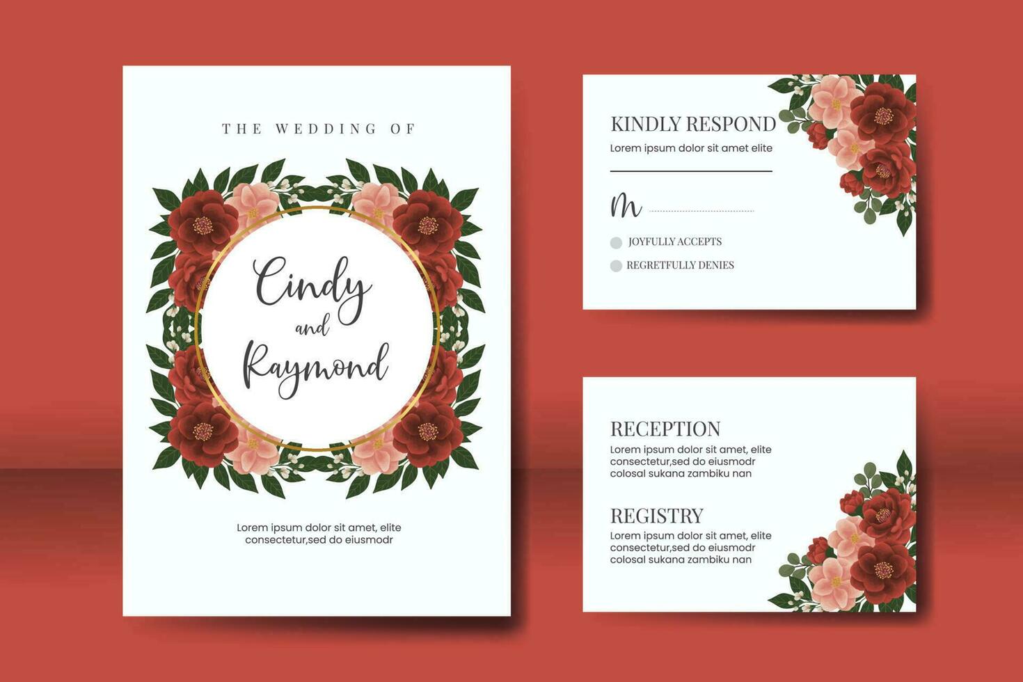 Hochzeit Einladung Rahmen Satz, Blumen- Aquarell Digital Hand gezeichnet rot Kamelie Blume Design Einladung Karte Vorlage vektor