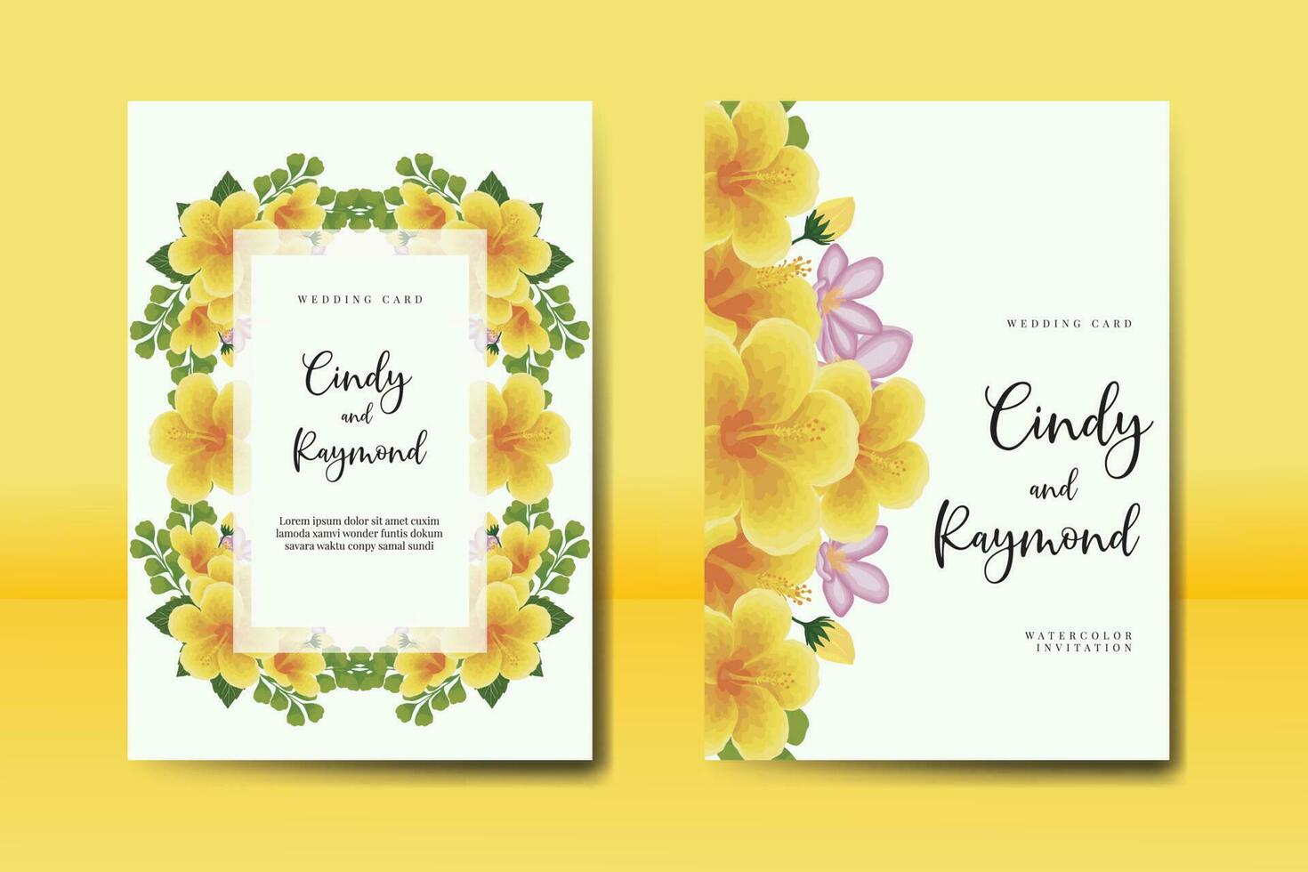 Hochzeit Einladung Rahmen Satz, Blumen- Aquarell Digital Hand gezeichnet Gelb Hibiskus Blume Design Einladung Karte Vorlage vektor