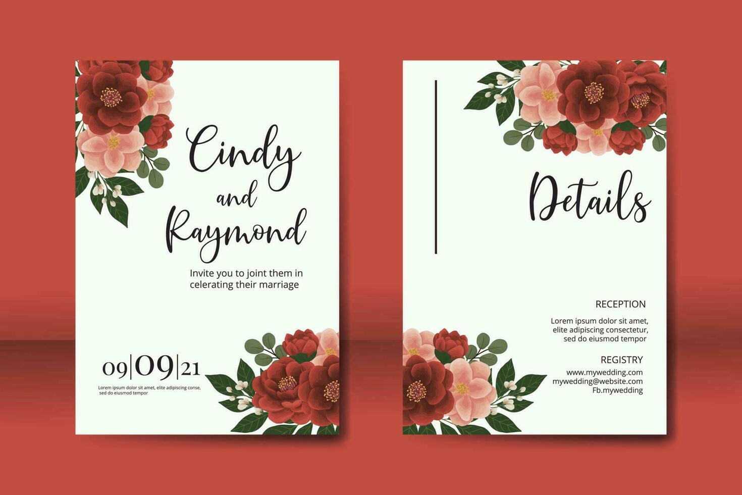 bröllop inbjudan ram uppsättning, blommig vattenfärg digital hand dragen röd kamelia blomma design inbjudan kort mall vektor