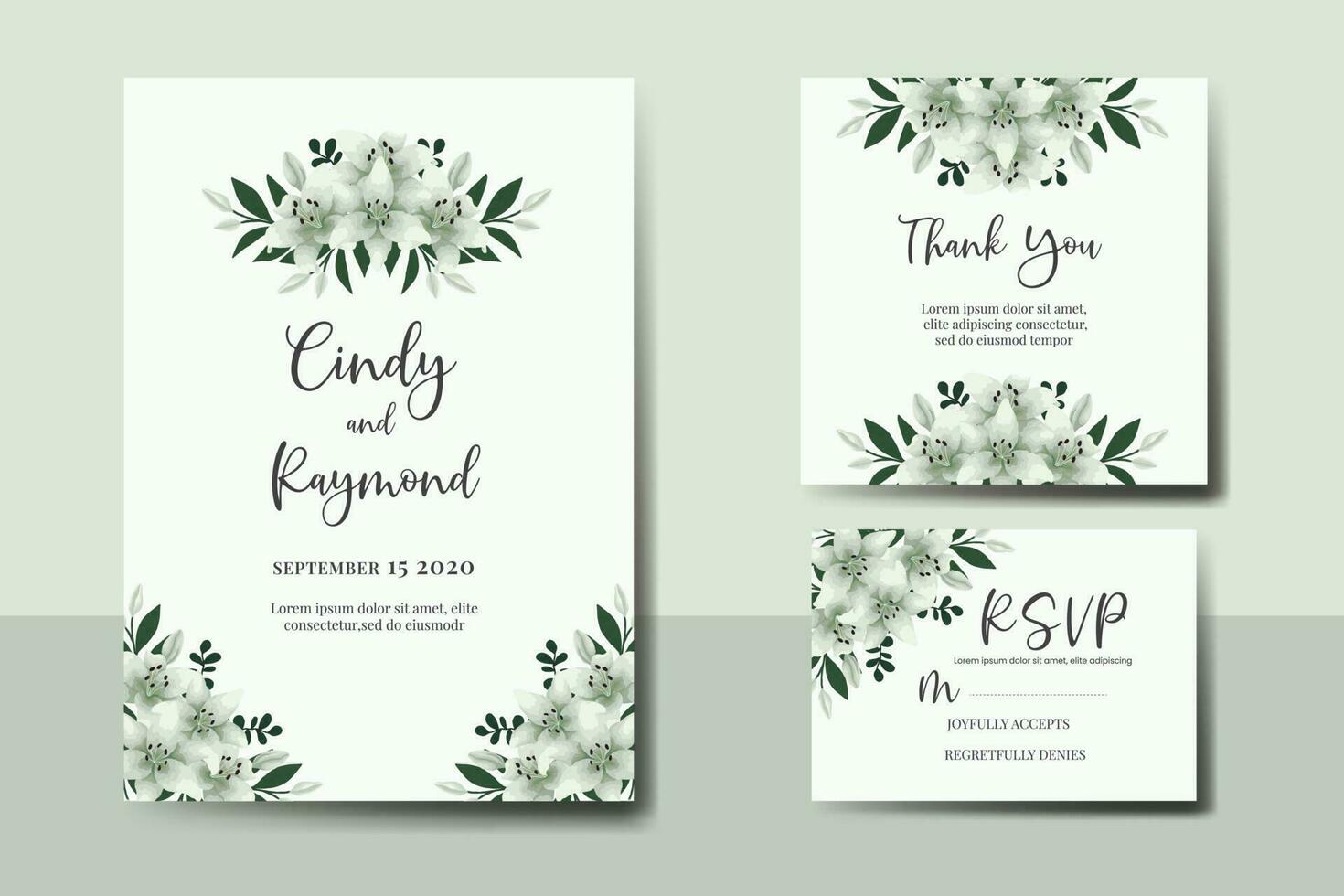 bröllop inbjudan ram uppsättning, blommig vattenfärg digital hand dragen vit lilja blomma design inbjudan kort mall vektor