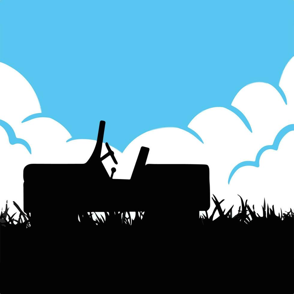 öppen bil eller lastbil vektor silhuett isolerat på fyrkant blå himmel och gräs bakgrund. enkel platt konst styled illustration på fyrkant mall.