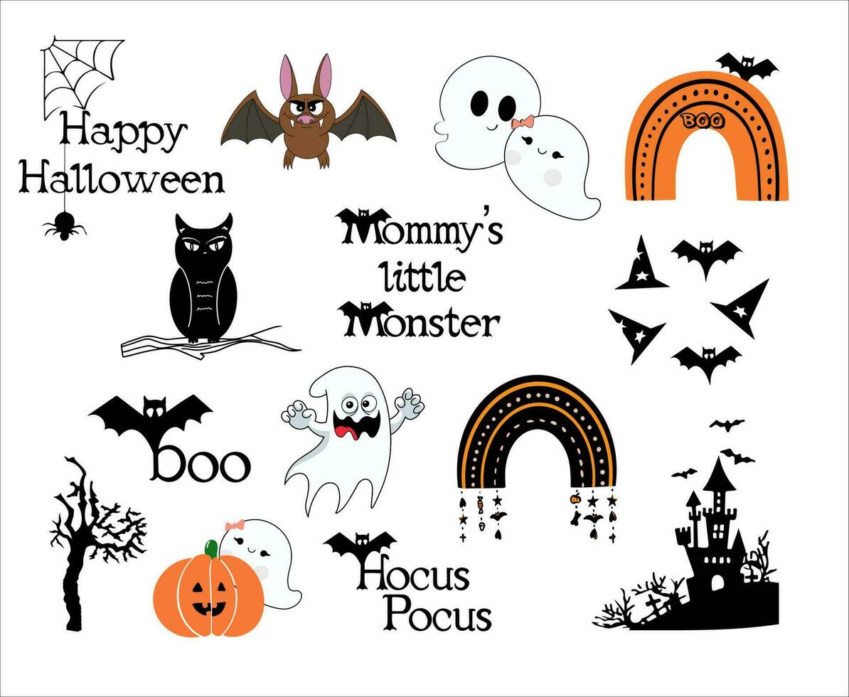 einstellen von Halloween Vektor Elemente, glücklich Halloween Hand gezeichnet Dekorationen Satz, schwarz Orange Silhouette auf Weiß Hintergrund, Sammlung von Halloween Silhouetten Symbol und Charakter