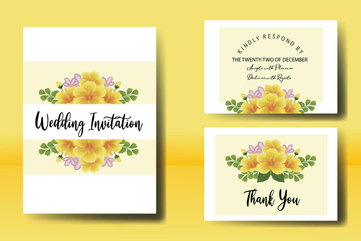 Hochzeit Einladung Rahmen Satz, Blumen- Aquarell Digital Hand gezeichnet Gelb Hibiskus Blume Design Einladung Karte Vorlage vektor