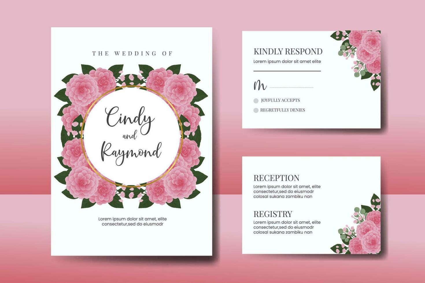 bröllop inbjudan ram uppsättning, blommig vattenfärg digital hand dragen rosa dahlia blomma design inbjudan kort mall vektor