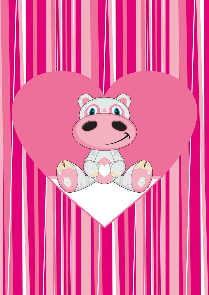 söt tecknad serie valentine kärlek flodhäst djur- på rosa randig bakgrund vektor