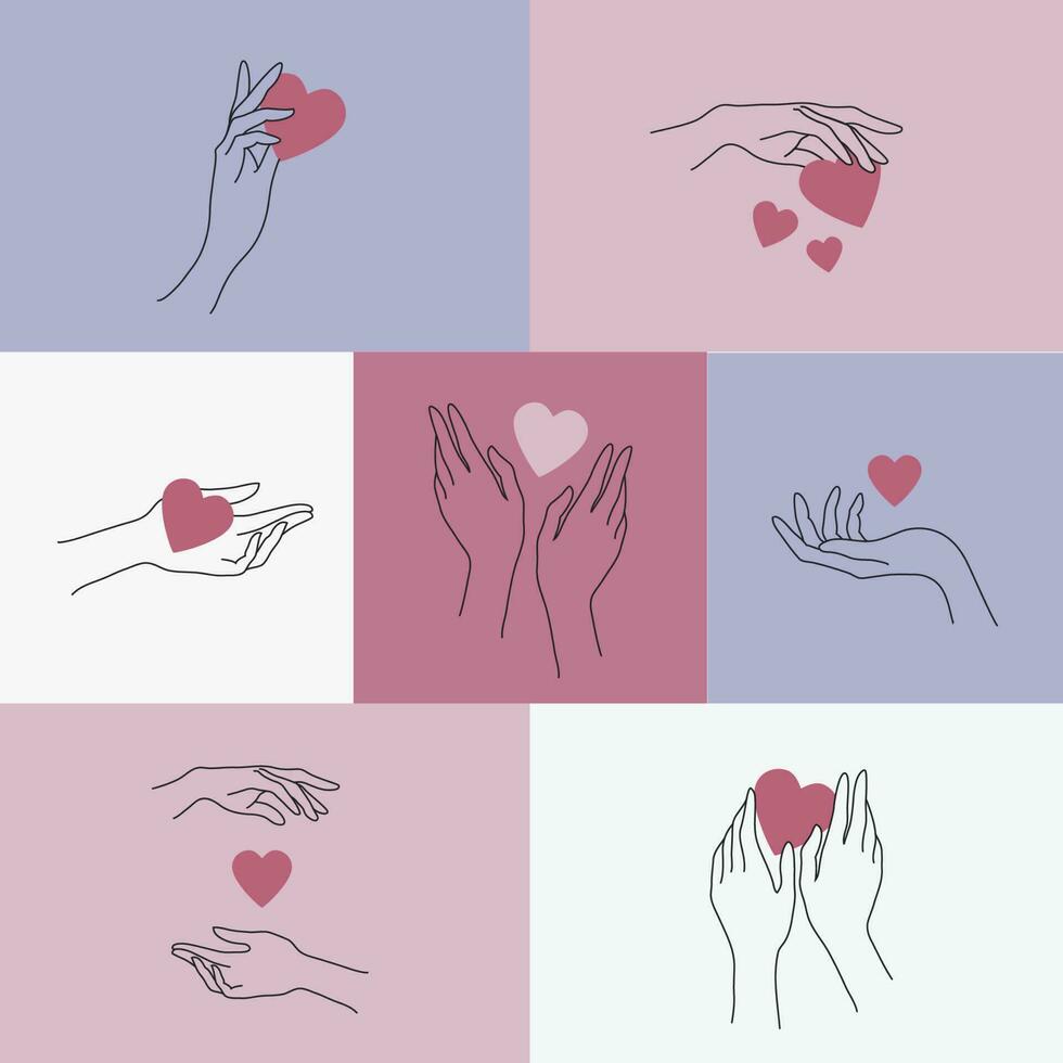 Vektor einstellen von linear Logos mit Hände halten Herzen. Valentinstag, romantisch, Nächstenliebe Karten, Banner, Illustrationen.