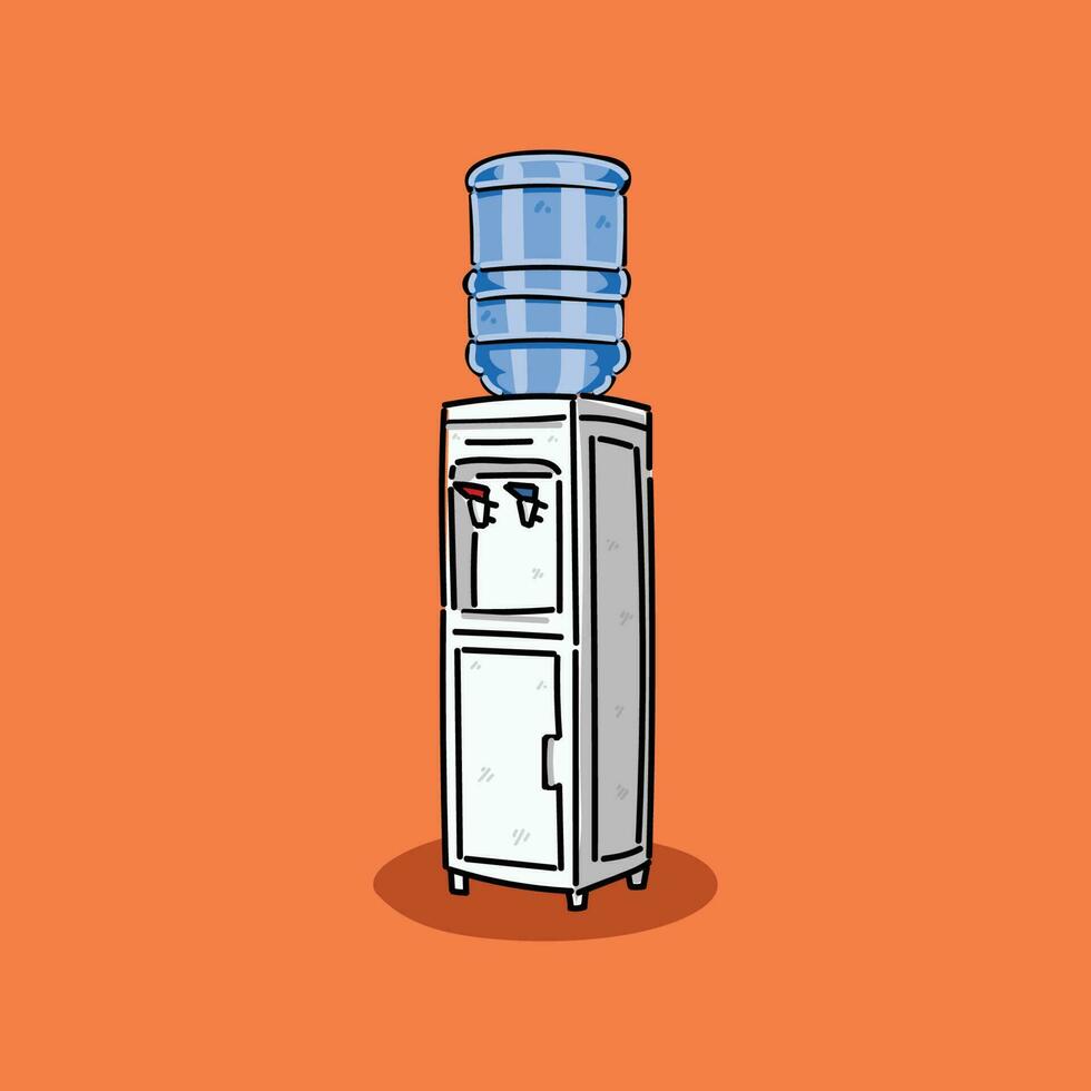 Wasser Spender. grau Weiß Plastik Wasser Kühler mit Blau voll Flasche, Vektor Illustration Design auf Orange Hintergrund