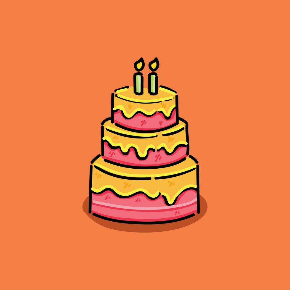 Geburtstag Kuchen mit Orange Glasur und Rosa Kuchen im das Orange Hintergrund Vektor Illustration Design