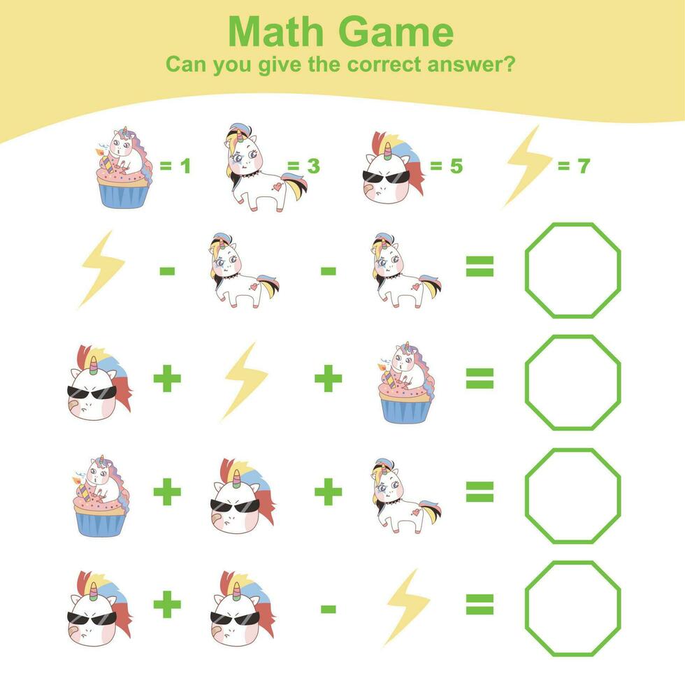 Mathematik Arbeitsblatt mit Einhorn Thema. Lernen Wie zu Zählen zum Vorschule Kinder. lehrreich druckbar Blatt. Vektor Illustration.