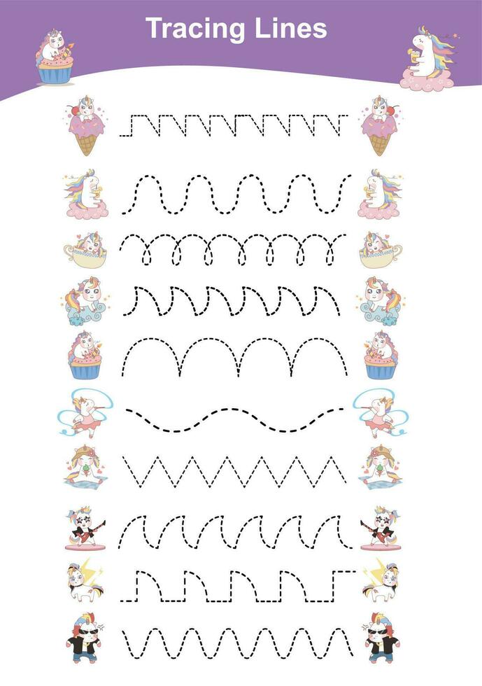 Rückverfolgung Linien Einhorn Auflage. lehrreich Arbeitsblatt. Arbeitsblatt Aktivität zum Vorschule Kinder. Vektor Illustration.