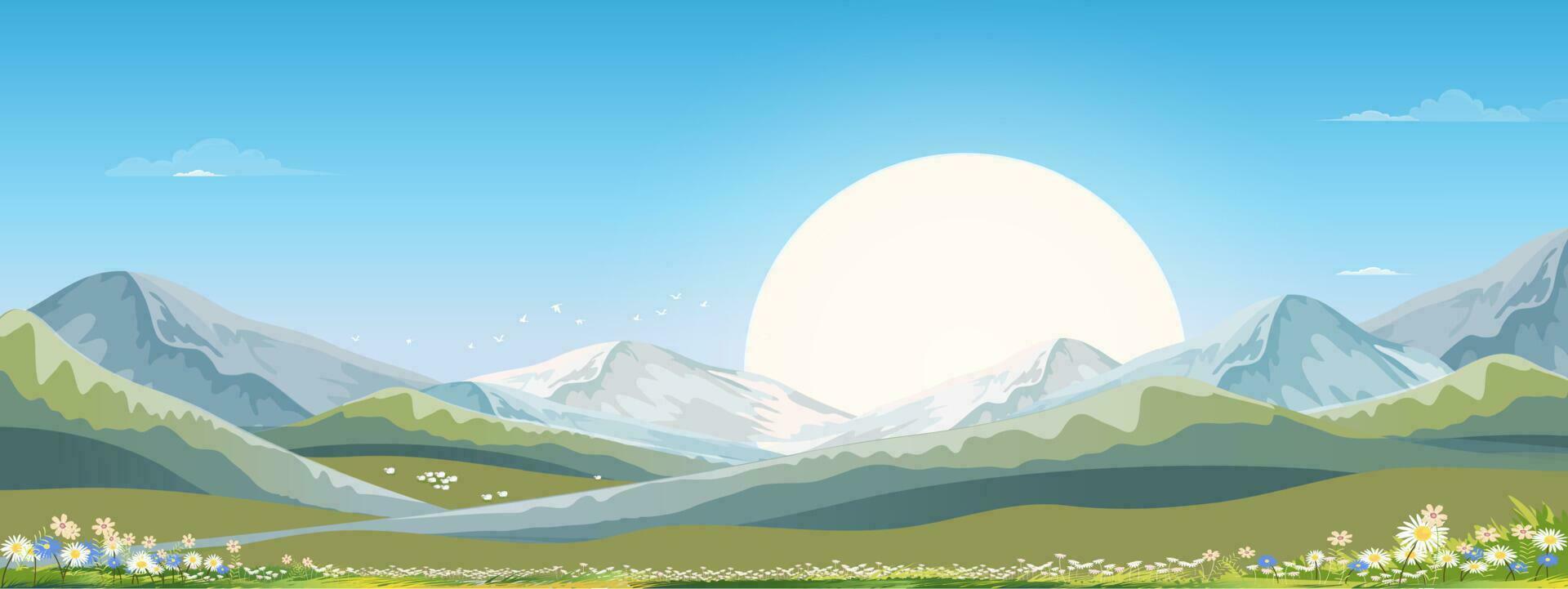 Natur Frühling ländlich Bauernhof Landschaft Grün Feld mit Wolke, blau Himmel, Horizont natürlich Landschaft mit Berge im sonnig Tag, Vektor Karikatur Banner zum Ostern, Erde Tag, Ökologie Konzept