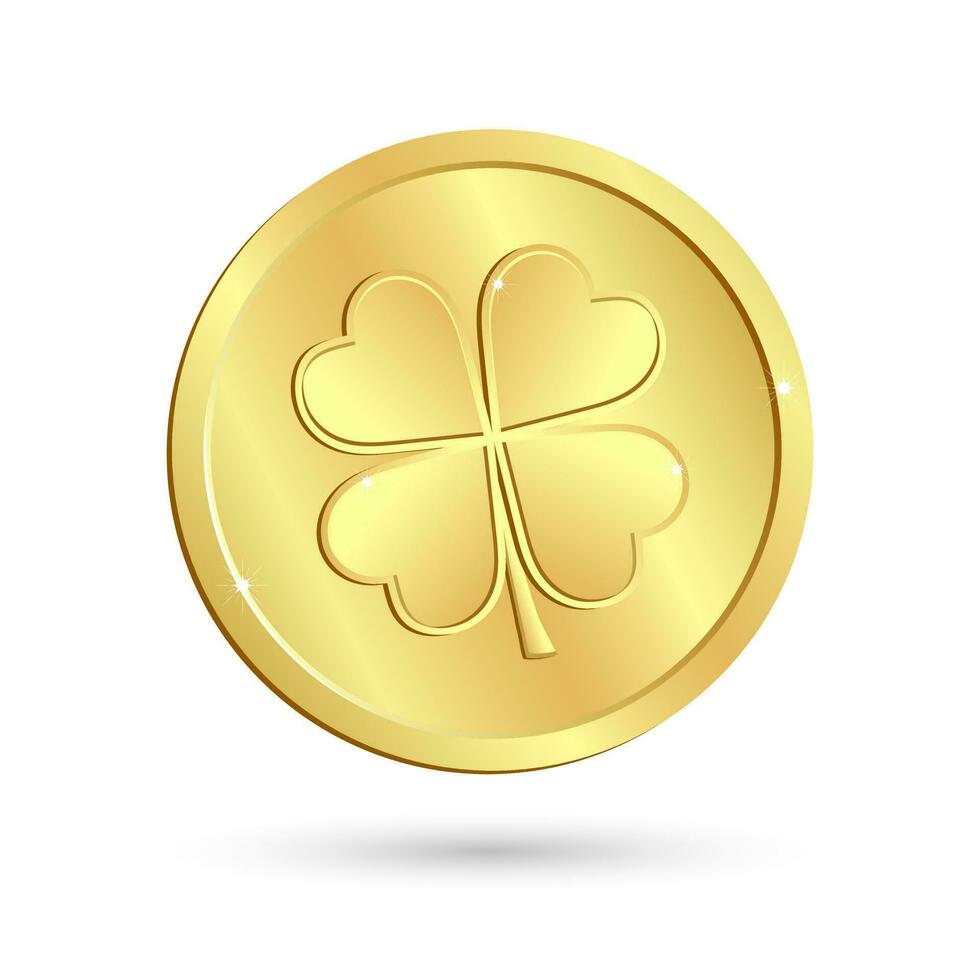 guld mynt med klöver blad, vitklöver. st. Patricks dag. traditionell irländsk symbol, maskot, ikon, vektor