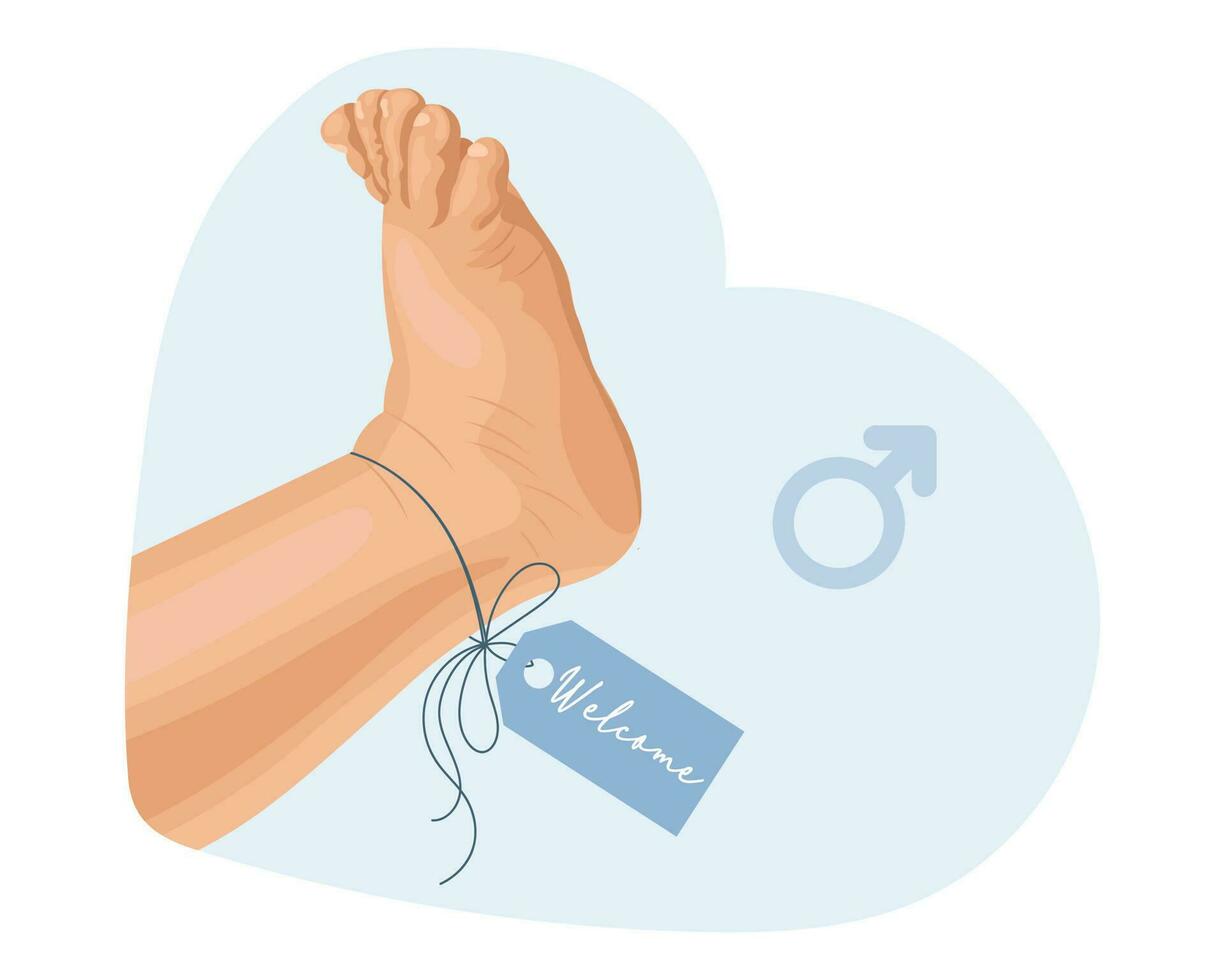 Babyboy Fuß mit Blau Etikett herzlich willkommen. Symbol, Logo, Illustration zum Neugeborene. Pastell- Farben, Vektor