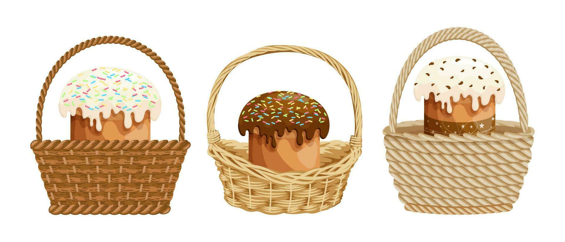 korg- korgar med påsk kakor, uppsättning. färgrik påsk illustration, hälsning kort, vektor