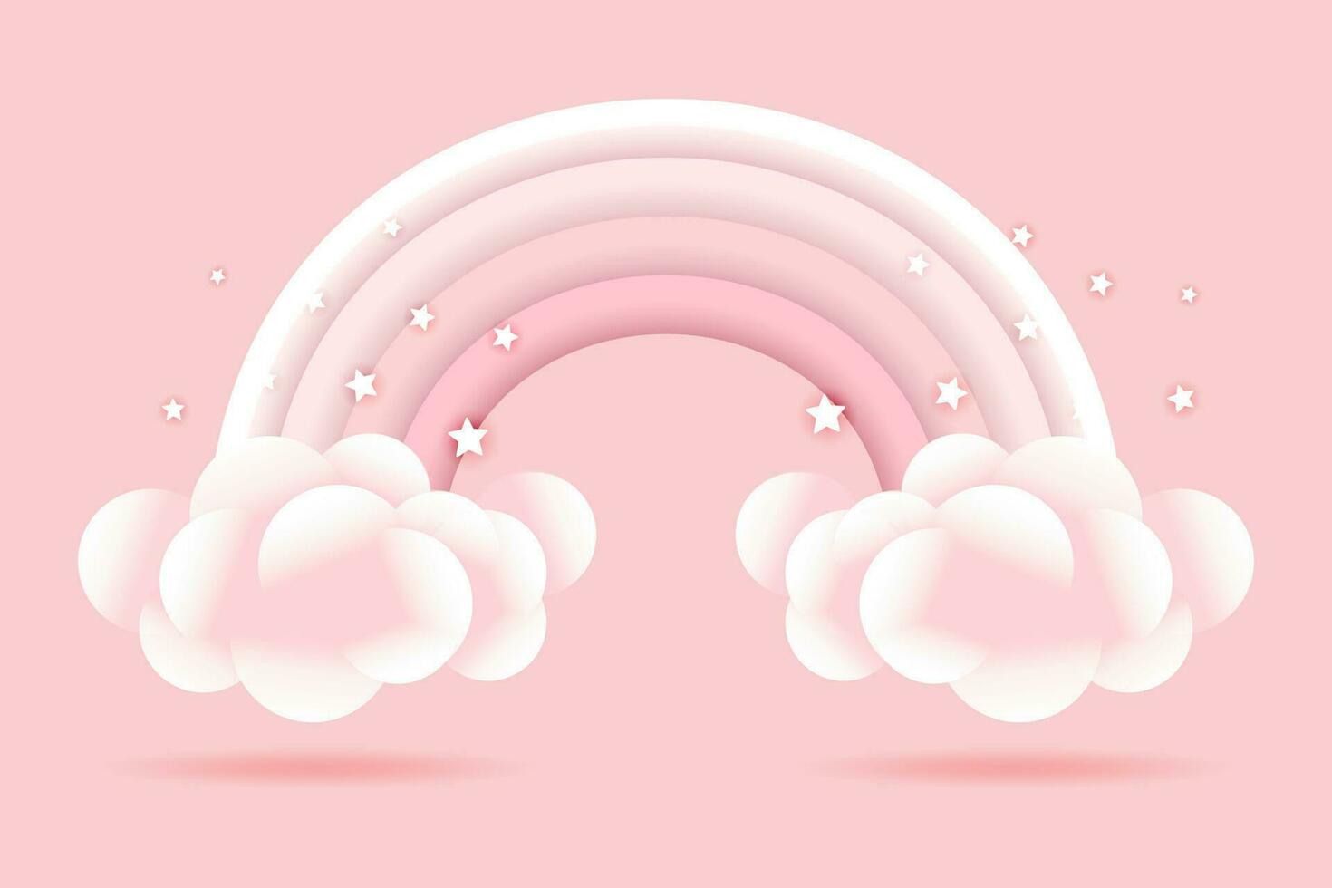 3d Baby Dusche, Regenbogen mit Wolken und Sterne auf ein Rosa Hintergrund, kindisch Design im Pastell- Farben. Hintergrund, Illustration, Vektor