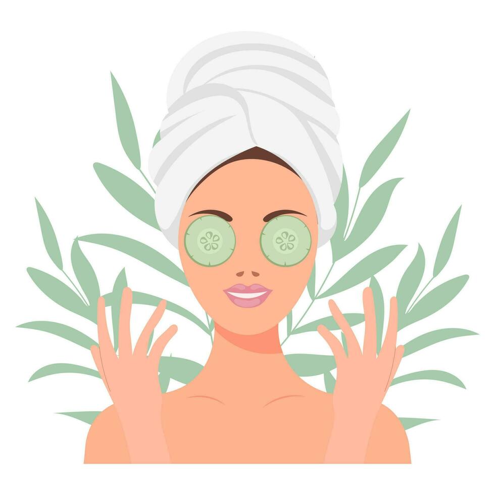 ansiktsbehandling hud vård. en kvinna tar vård av henne hud. kosmetisk masker, plåster, grädde, lotion, tvål, ansikte skrubba. illustration, vektor