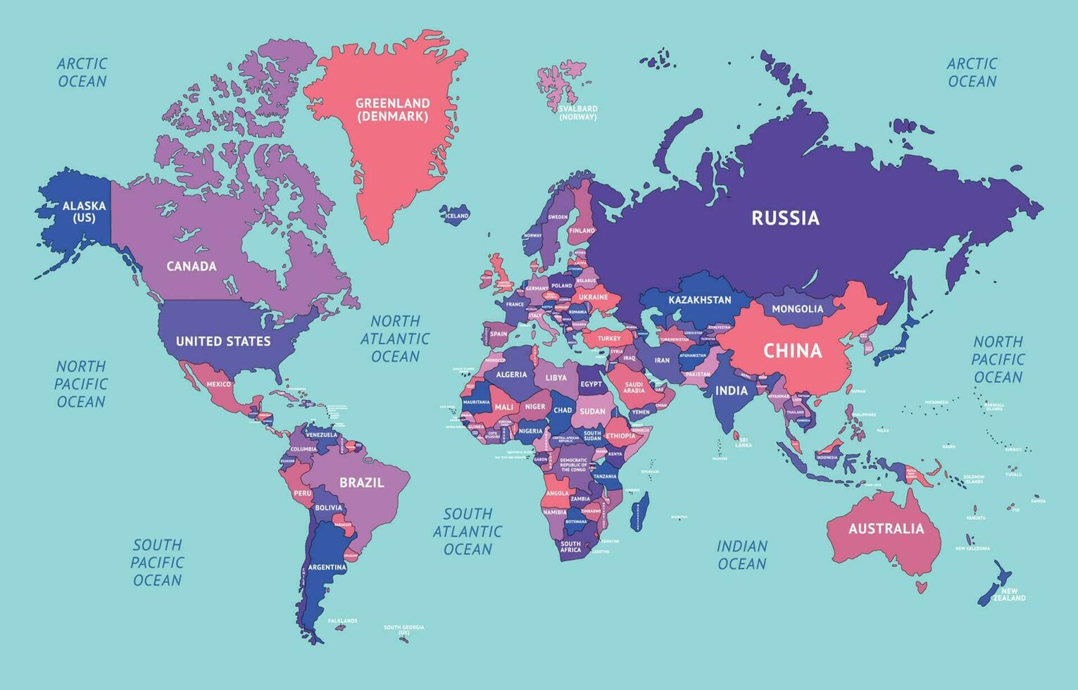 bunt Welt Karte mit Land Namen vektor