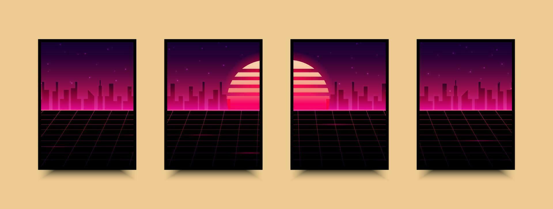 Poster im Cyberpunk Stil. Neon- Vektor Farbe Design, Zukunft Stadt Sonnenuntergang.