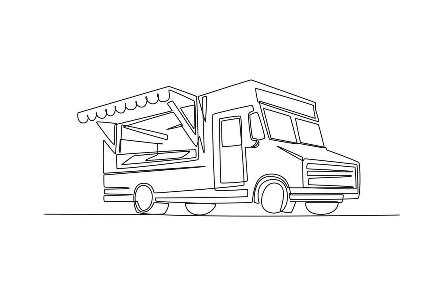 Single einer Linie Zeichnung Essen Lastwagen. Restaurant auf Räder. Lieferwagen zum Straße Essen Verkauf. Auto Konzept. kontinuierlich Linie zeichnen Design Grafik Vektor Illustration.