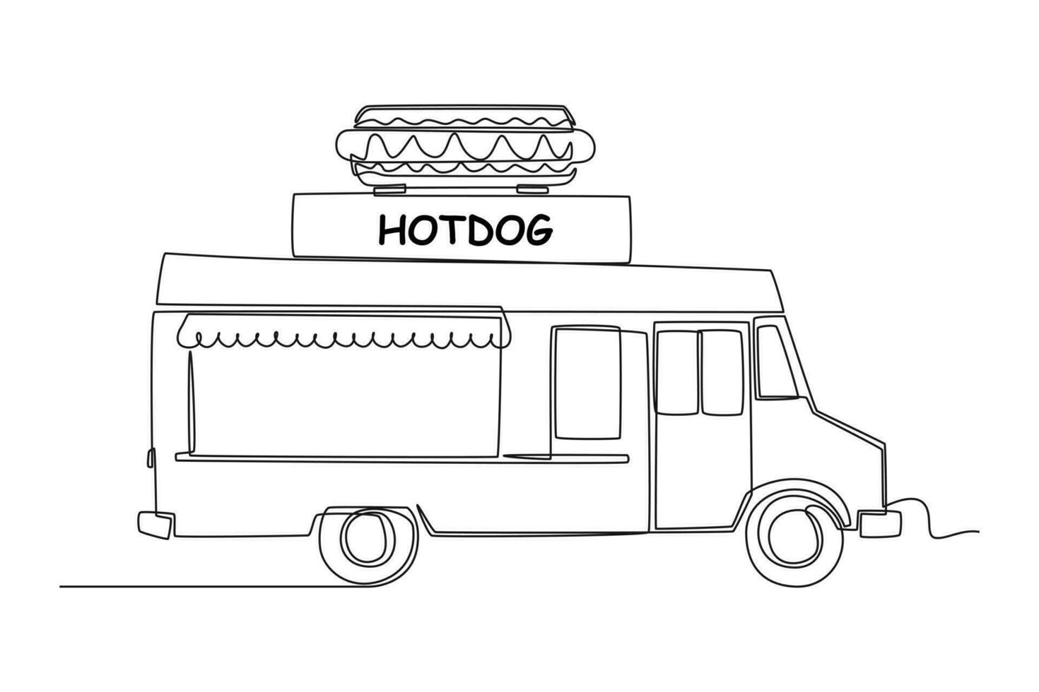 Single einer Linie Zeichnung Essen Lastwagen. Restaurant auf Räder. Lieferwagen zum Straße Essen Verkauf. Auto Konzept. kontinuierlich Linie zeichnen Design Grafik Vektor Illustration.