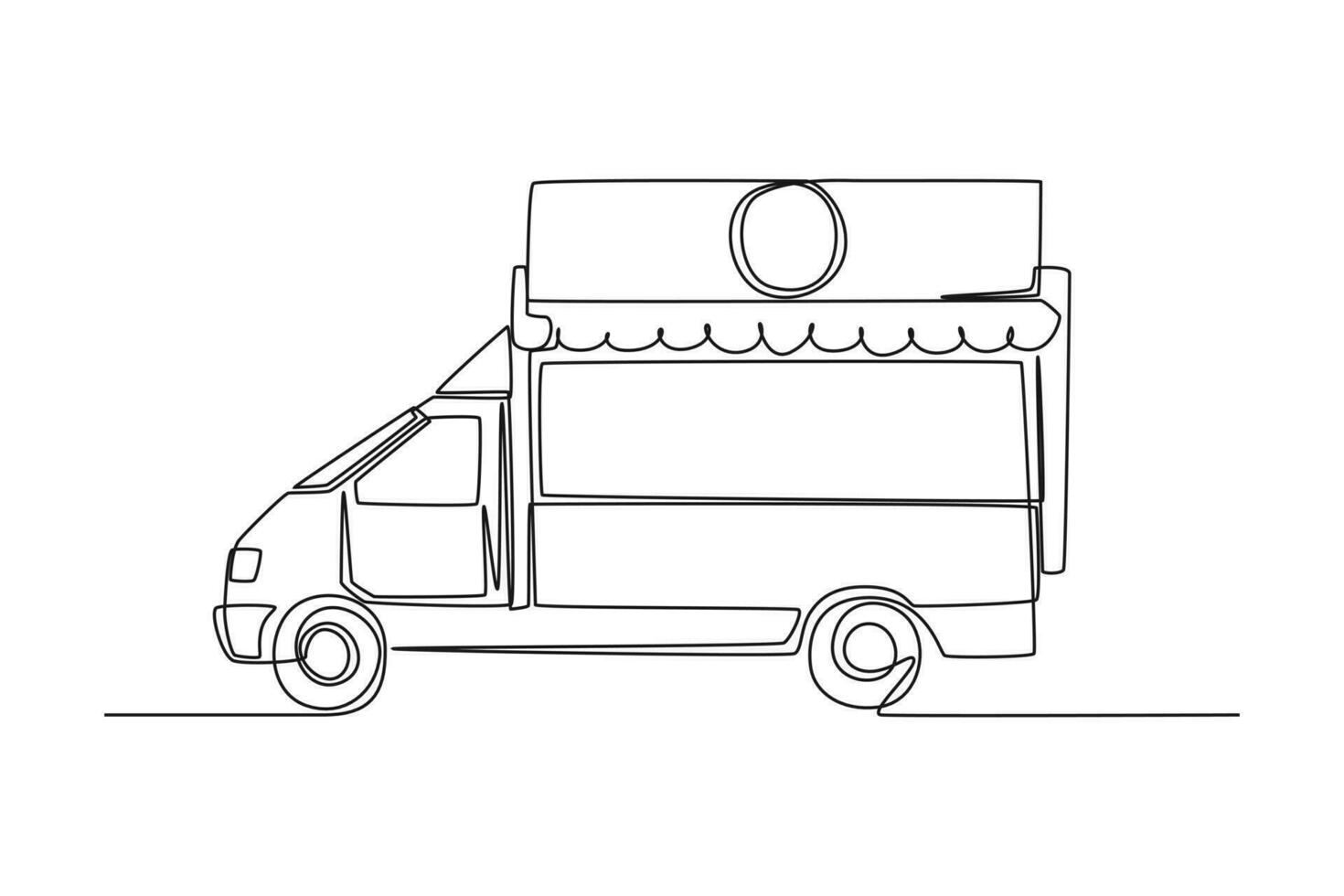 Single einer Linie Zeichnung Essen Lastwagen. Restaurant auf Räder. Lieferwagen zum Straße Essen Verkauf. Auto Konzept. kontinuierlich Linie zeichnen Design Grafik Vektor Illustration.