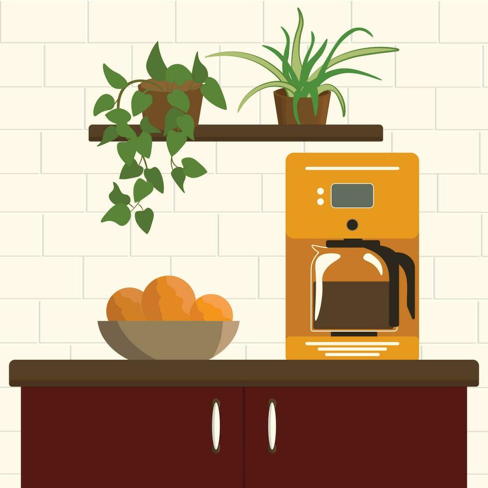 Platz Vektor Illustration von ein Küche Zähler mit ein Kaffee Maschine, ein Schüssel mit Orangen, und ein Regal mit eingetopft Pflanzen