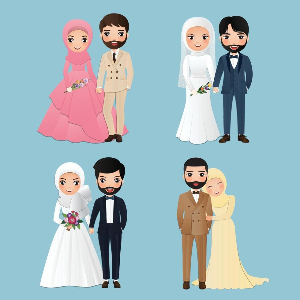 Satz von Zeichen niedlichen muslimischen Braut und Bräutigam. Hochzeit Einladungen card.vector Illustration in Paar Cartoon in der Liebe vektor