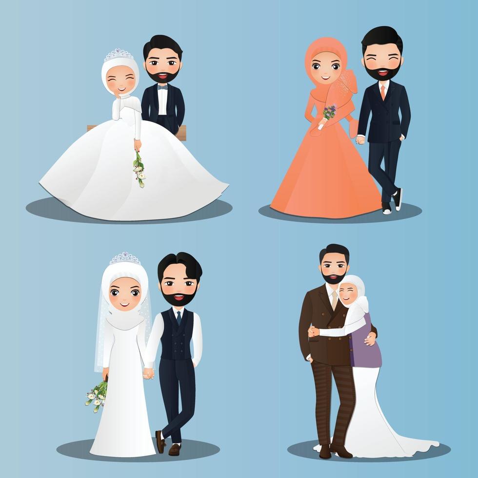 uppsättning karaktärer söt muslimsk brud och brudgum. bröllop inbjudningskort. ungt par i kärlek vektor