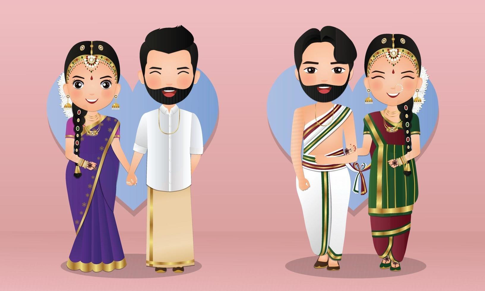 uppsättning söta par i traditionell indisk klänning seriefigurer bruden och brudgummen. bröllop inbjudningskort. vektor
