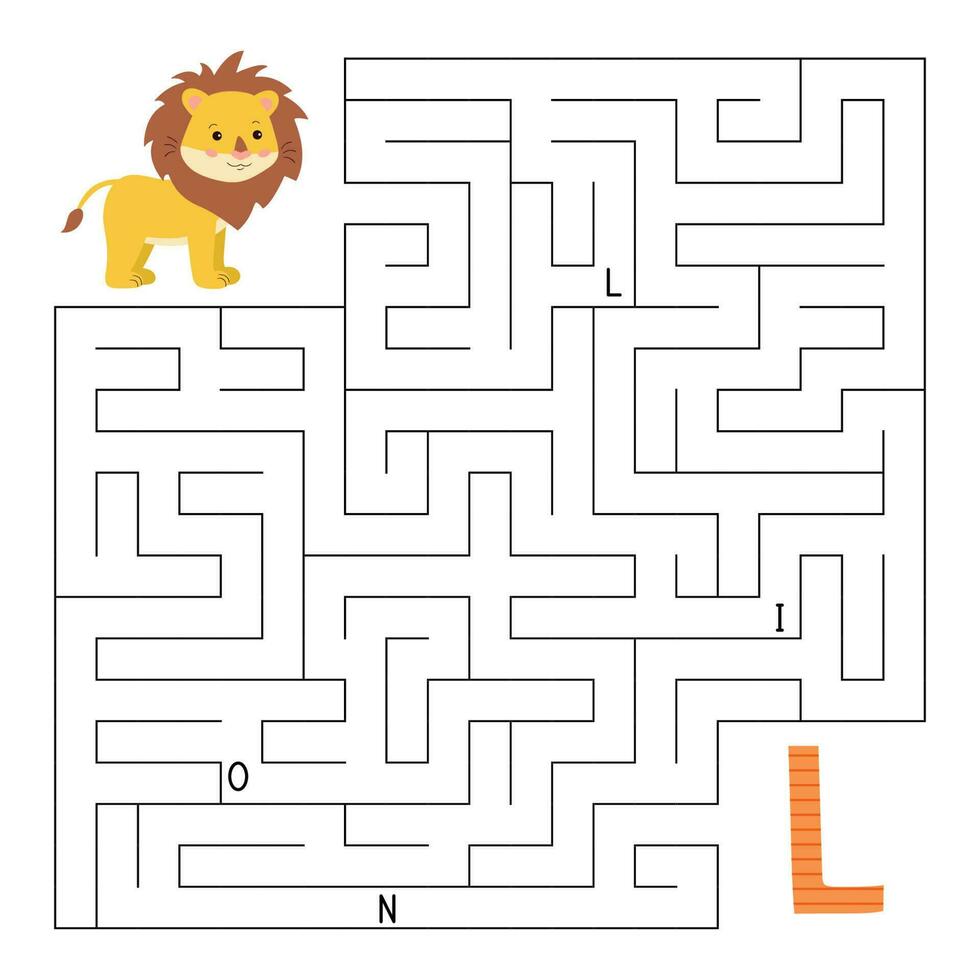 ABC labyrint spel. pedagogisk pussel för barn. labyrint med brev. hjälp lejon hitta rätt sätt till de brev l. tryckbar aktivitet arbetsblad. lära sig engelsk språk. vektor illustration
