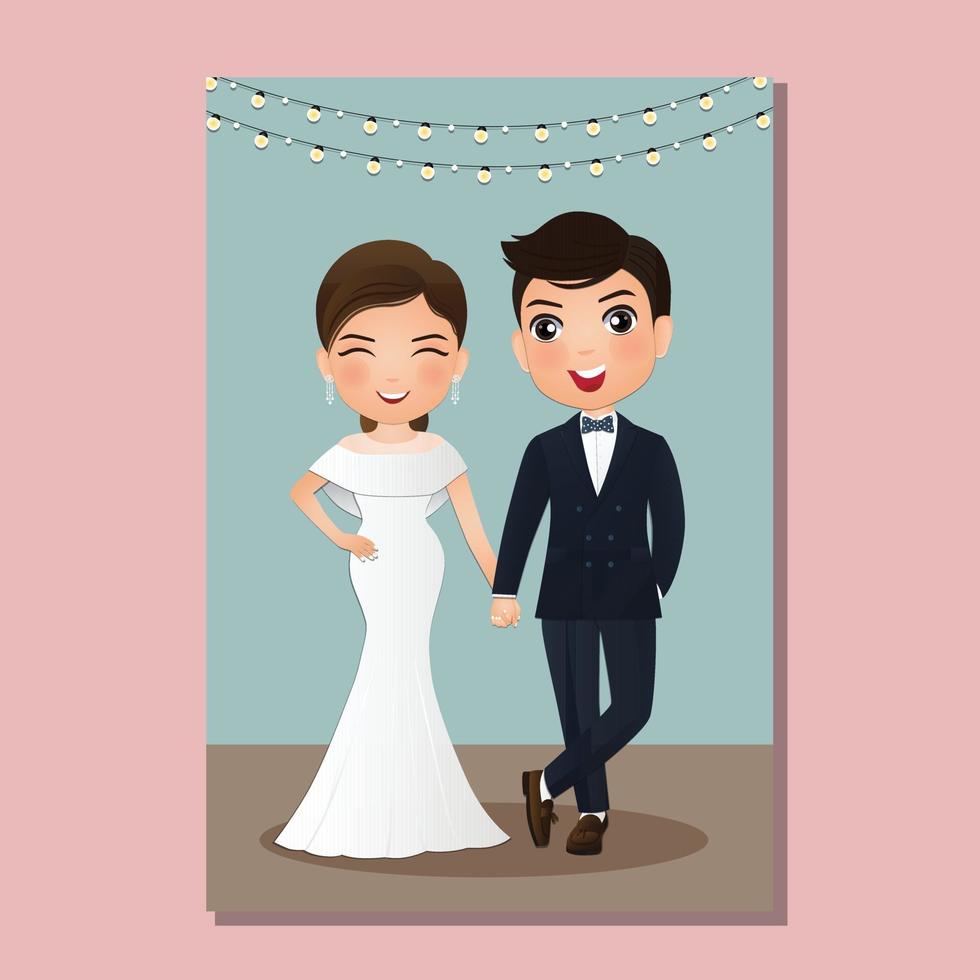 bröllopinbjudningskort bruden och brudgummen söta par seriefigur. vektorillustration vektor