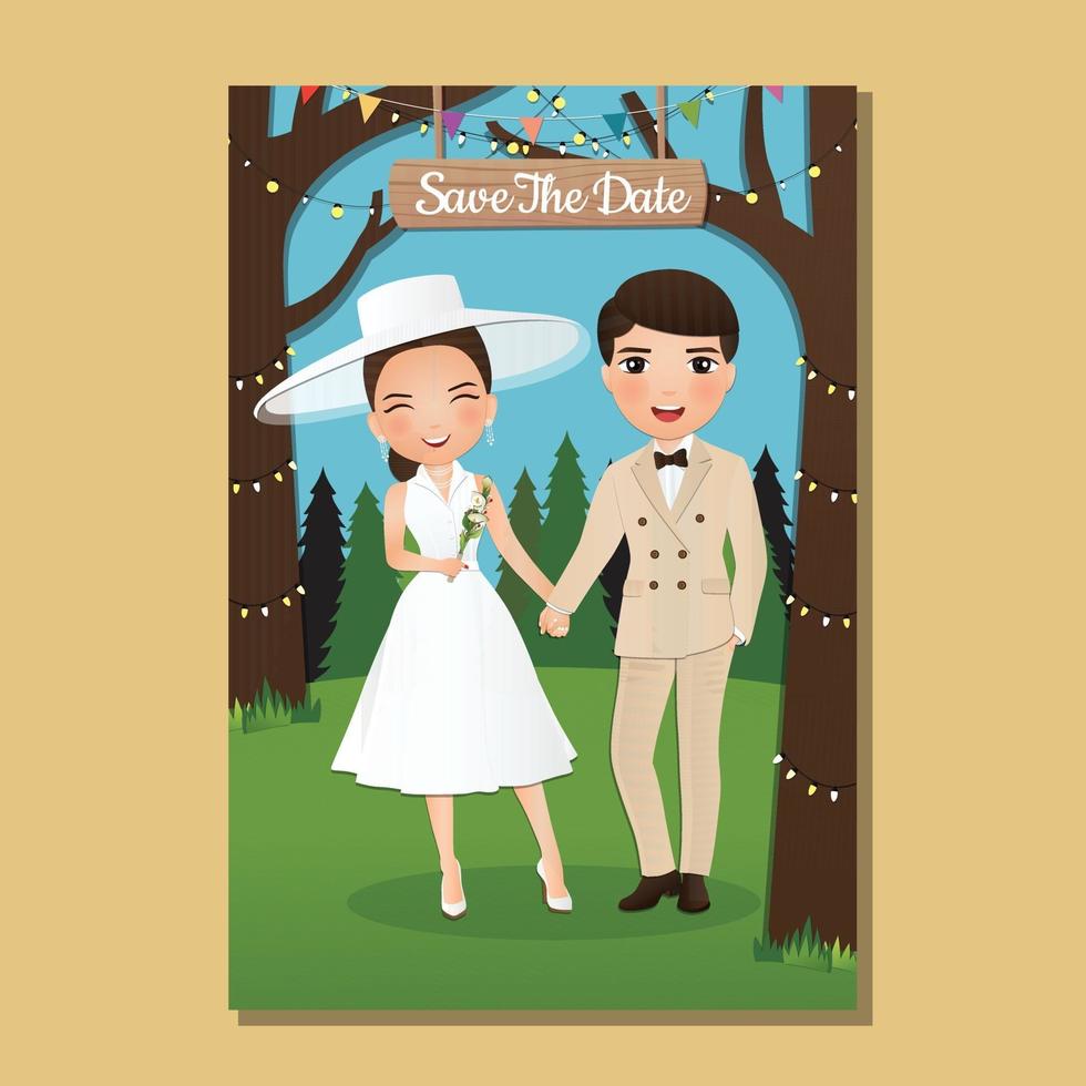 Hochzeitseinladungskarte die Braut und Bräutigam niedlichen Paar Karikatur mit Landschaft schönen Hintergrund vektor