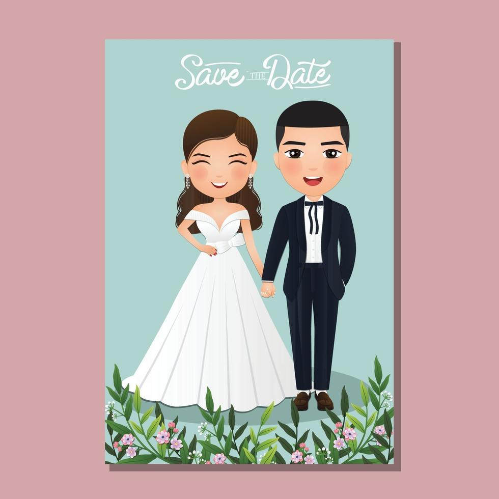 Hochzeitseinladungskarte die Braut und Bräutigam niedliches Paar Zeichentrickfigur.vector Illustration. vektor