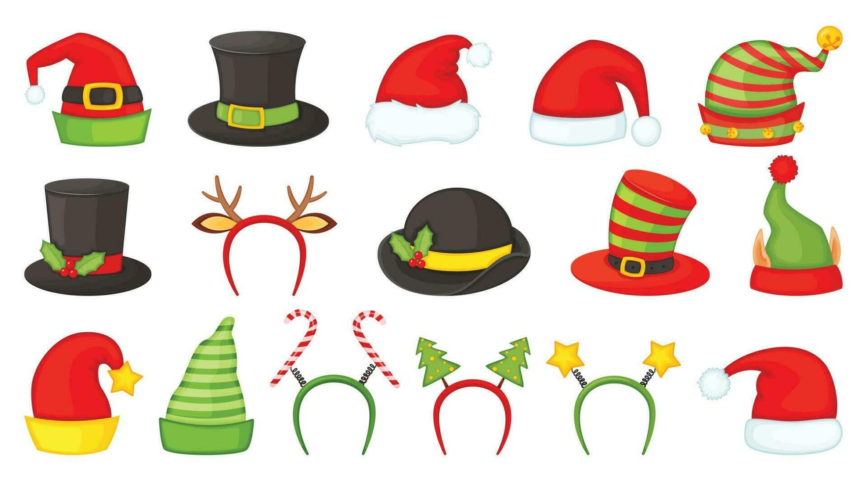 Karikatur Weihnachten Hüte und Stirnbänder zum Weihnachten Kostüme. Santa claus Hut, Elf und Schneemann Kappen, Rentier Geweih, Winter Urlaub Requisiten Vektor einstellen