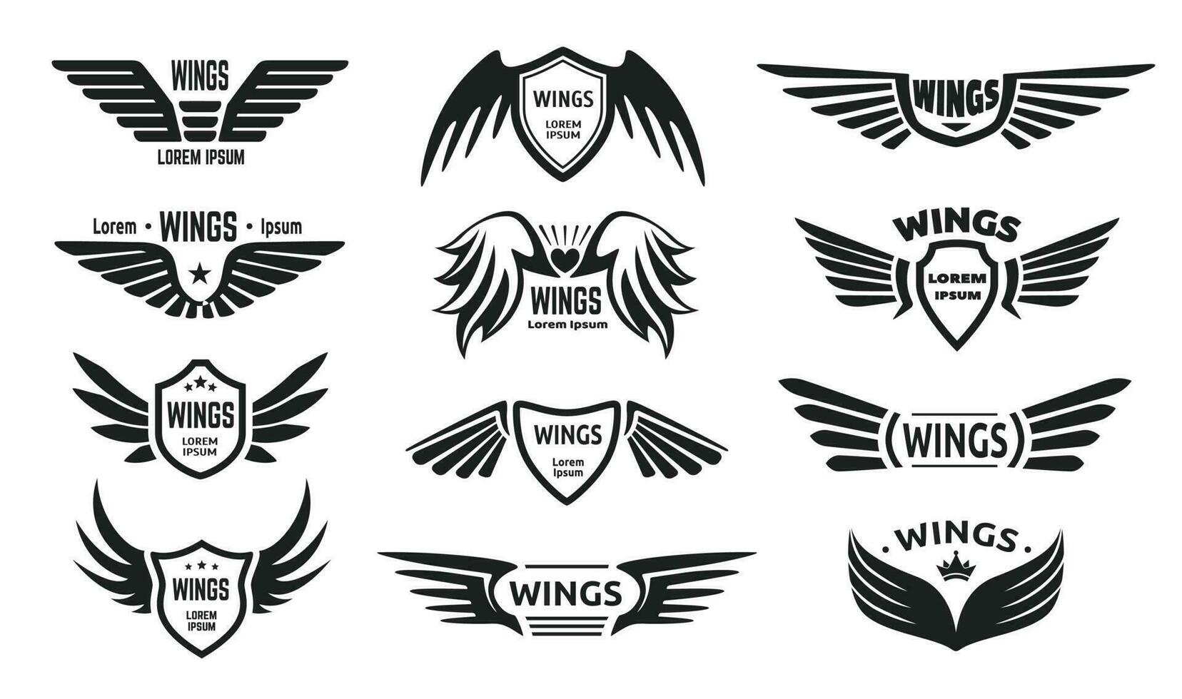 Örn vinge logotyp, vingar med skydda bricka, pilot bevingad emblem. svart militär insignier, flygande falk armén märka, ängel vingar logotyper vektor uppsättning