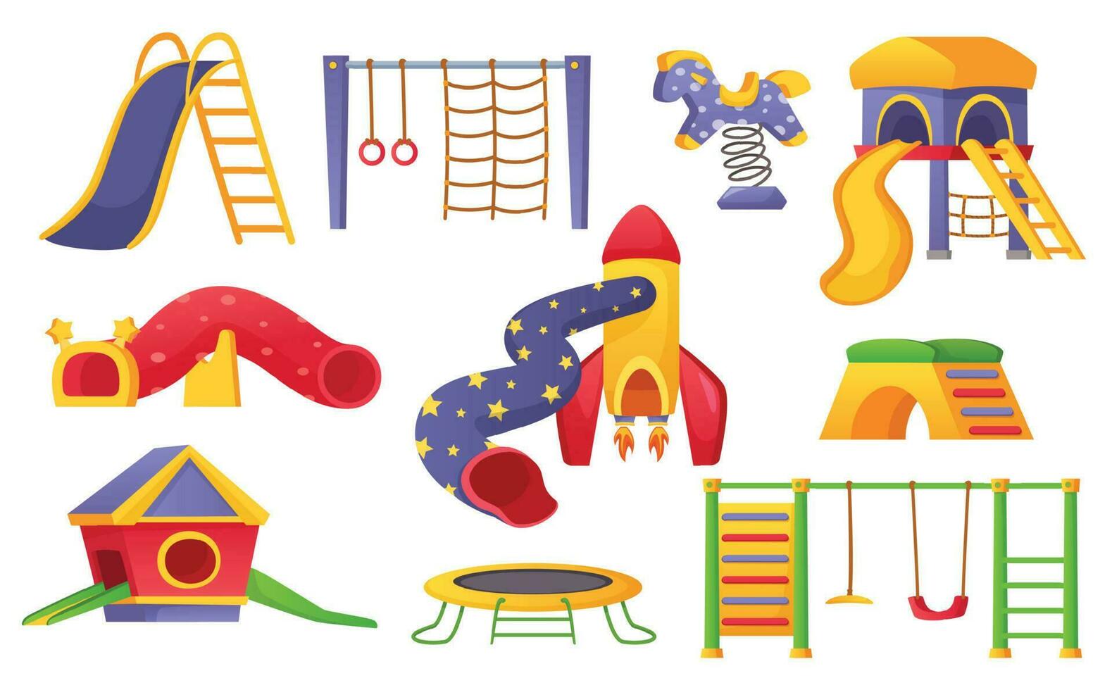 Kinder Spielplatz Elemente, Kinder Park abspielen Ausrüstung. Karikatur gleiten, schwingen, Trampolin, Pferd, Spielset zum draussen Kindergarten Vektor einstellen