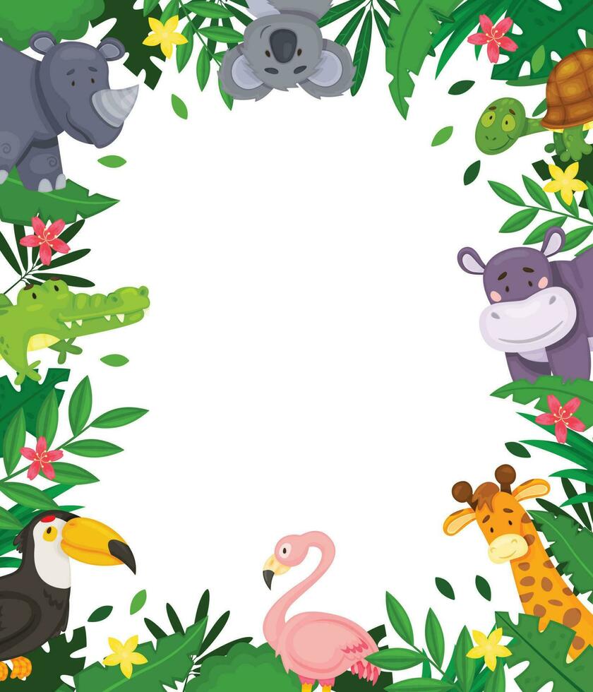 Karikatur Urwald Rahmen mit süß afrikanisch Tiere und tropisch Blätter. Tier Zeichen im Regenwald Rand mit Raum zum Text Vektor Hintergrund
