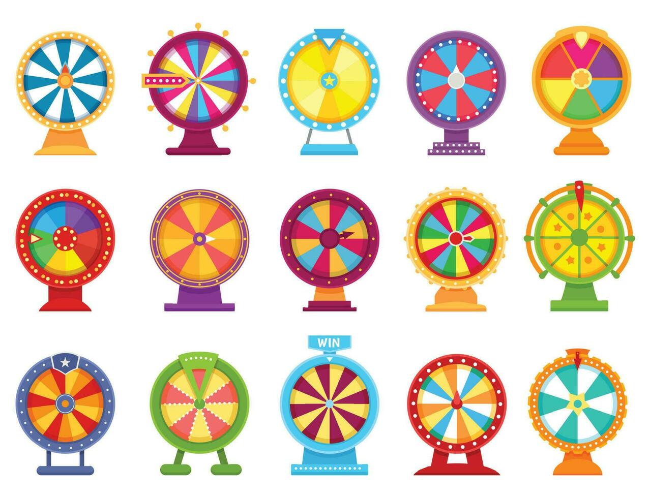 förmögenhet hjul, spinning roulett, tur- snurra spel. kasino hasardspel hjul, färgrik vändning roulett, jackpott lotteri spel platt vektor uppsättning