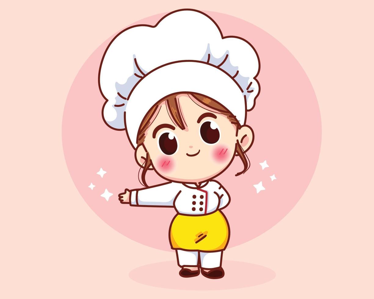 niedliches Kochmädchen, das in der Uniform lächelt, die seine Gastkarikaturkunst begrüßt und einlädt vektor