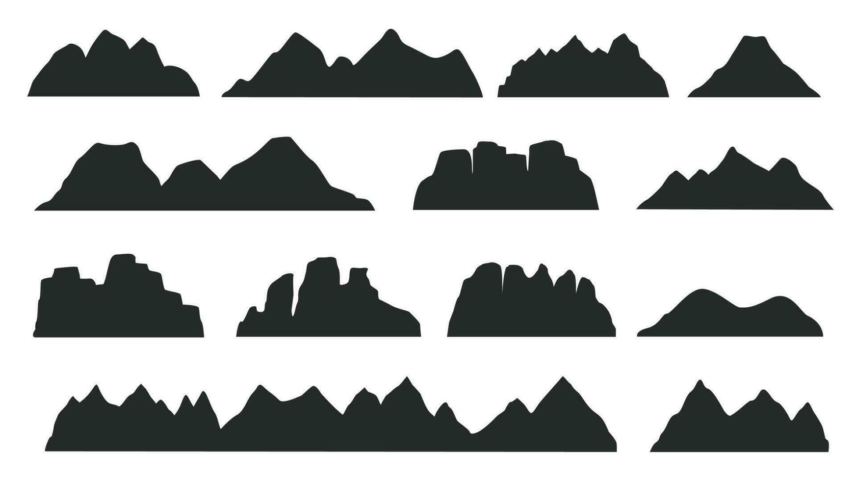 svart berg bergsrygg landskap silhuett, klippig terräng element. bergen toppar, kullar, isberg utomhus- landskap silhuetter vektor uppsättning