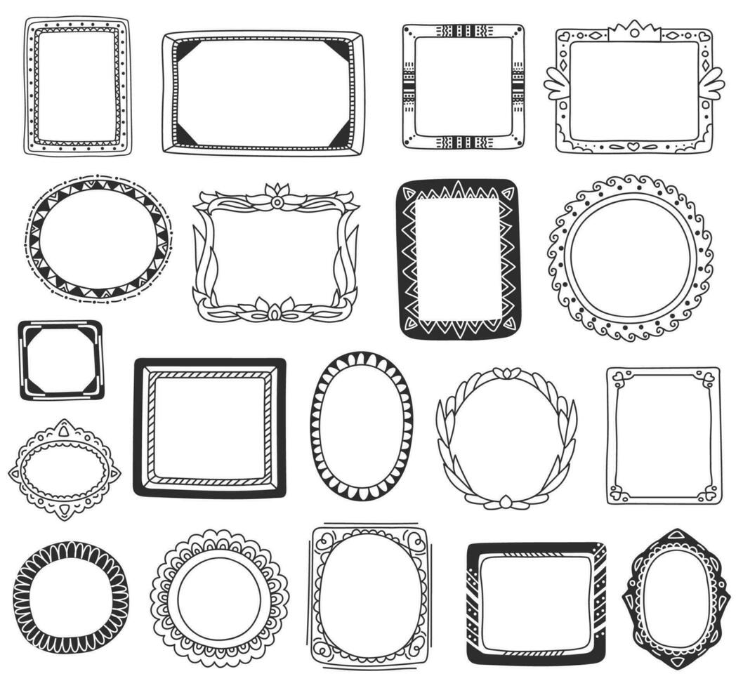 Hand gezeichnet Foto Rahmen, Bild Rahmen Kritzeleien. dekorativ Grenzen, Jahrgang Gekritzel Rand mit Ornamente, Scrapbooking Element Vektor einstellen