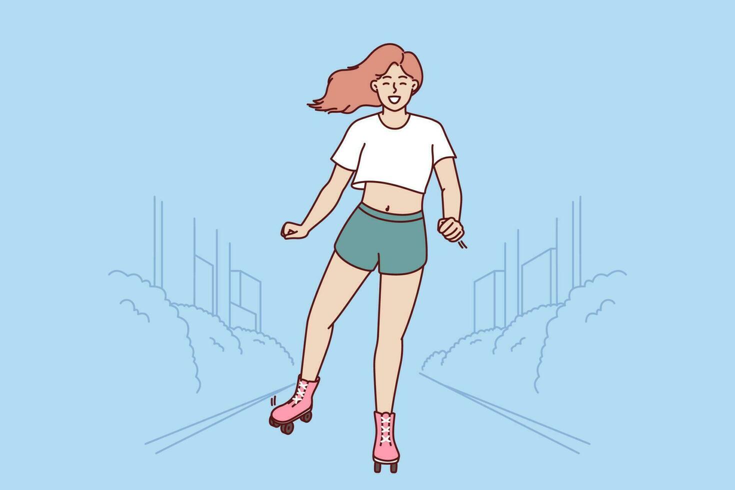 kvinna användningar vält skridskor till rida runt om stad och andas färsk luft på varm sommar dag. ung flicka åtnjuter promenad och rör sig genom gator på vält skridskor till ge upp bensin transport. vektor