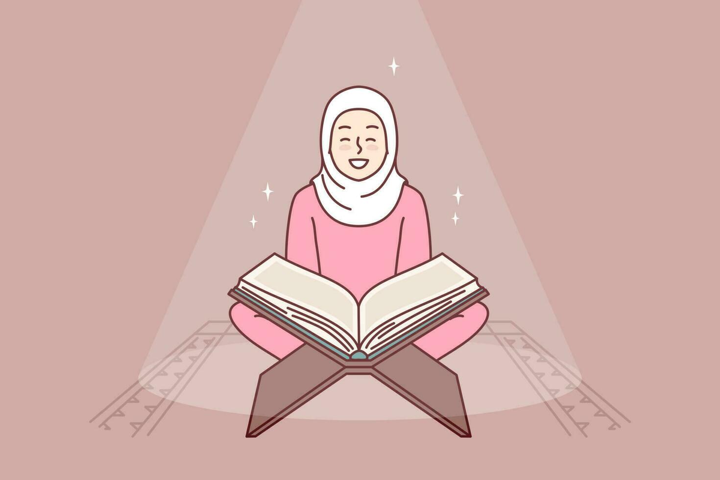 Muslim Mädchen liest heilig Buch Koran drehen zu Gott Allah sitzt im Moschee oder religiös Platz zum Gebet. positiv Frau im Hijab studieren Arabisch Koran bekommen islamisch traditionell Bildung vektor